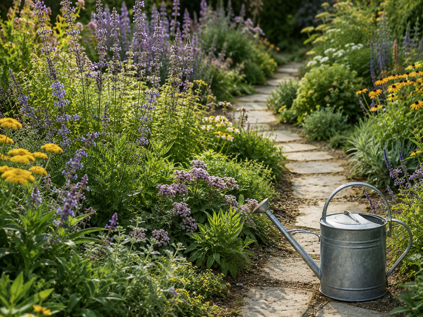 Wildlife-friendly planted garden path with a watering can