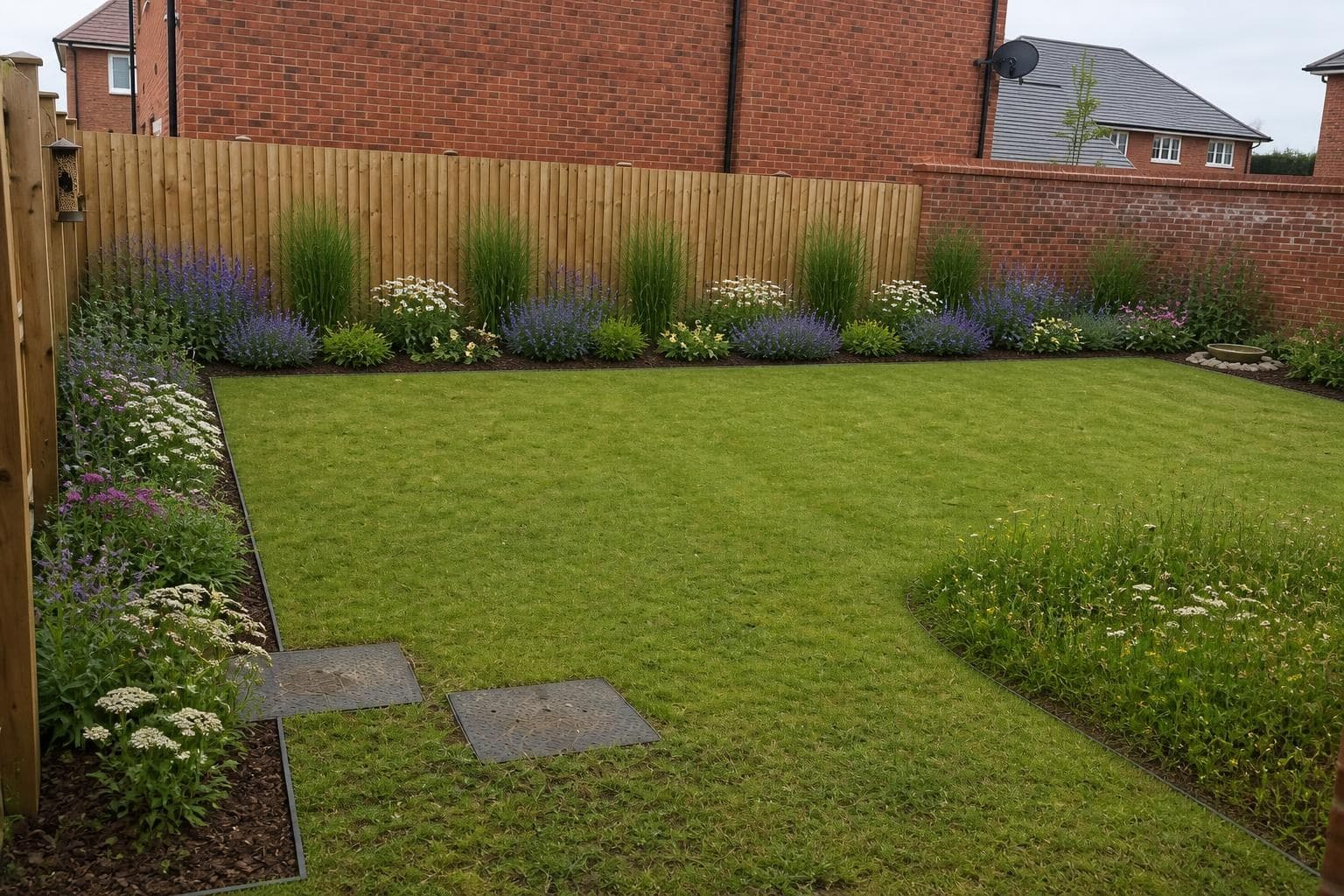 Formal biodiversity concept with pollinator planting around the original lawn