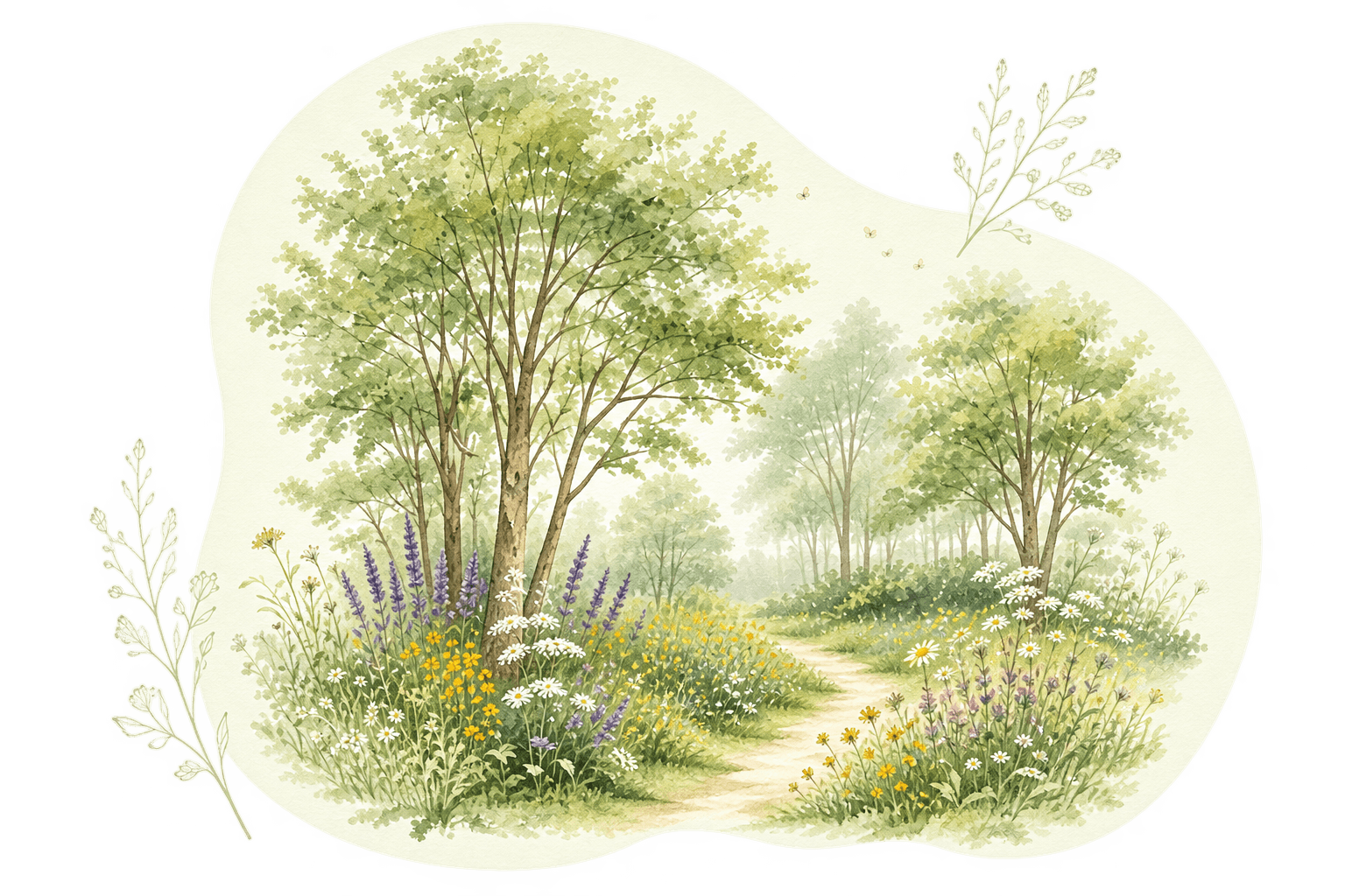 Watercolour woodland garden with trees, wildflowers and a winding path